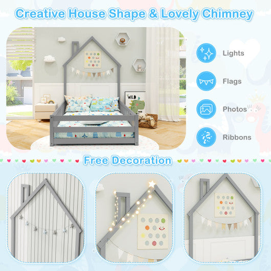 Twin Size Montessori Floor Bed with Lockable Door and Full-Length Guardrail-Gray