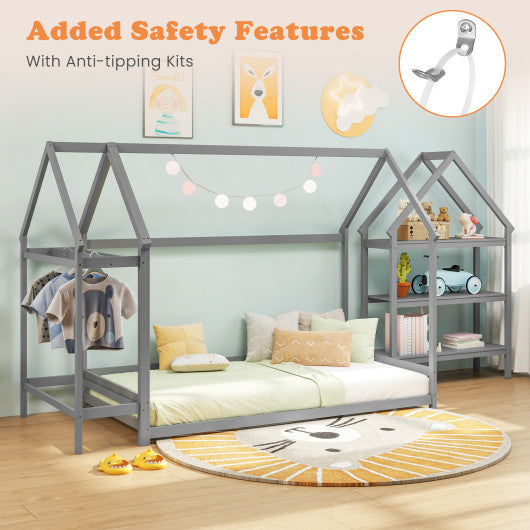 Twin Size Montessori Floor House Bed with Detachable Storage Shelves-Grey