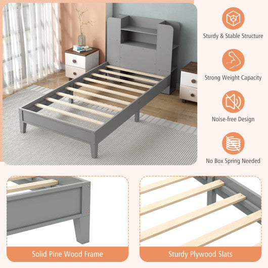 Twin Size Wooden Platform Bed Frame with Bookcase Headboard-Gray