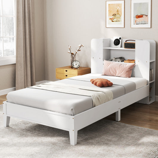 Twin Size Wooden Platform Bed Frame with Bookcase Headboard-White