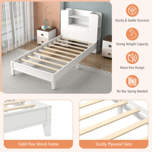Twin Size Wooden Platform Bed Frame with Bookcase Headboard-White