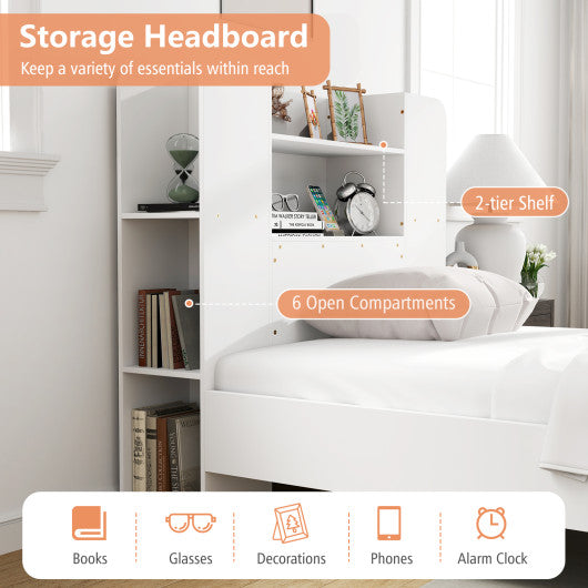 Twin Size Wooden Platform Bed Frame with Bookcase Headboard-White