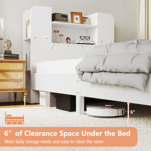 Twin Size Wooden Platform Bed Frame with Bookcase Headboard-White