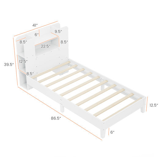 Twin Size Wooden Platform Bed Frame with Bookcase Headboard-White