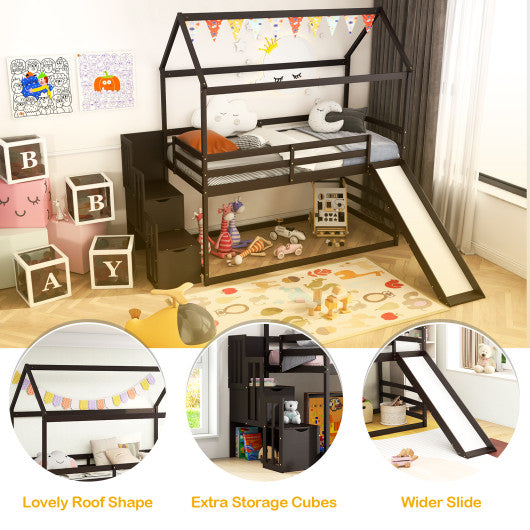 Twin over Twin Bunk Bed with Slide and 2-Step Storage Staircase-Espresso