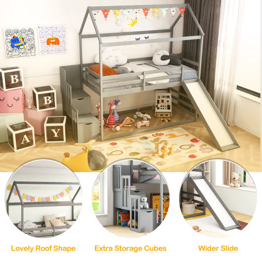 Twin over Twin Bunk Bed with Slide and 2-Step Storage Staircase-Gray