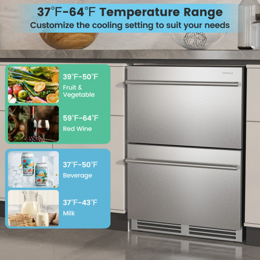24 Inch Under Counter Dual Drawer Fridge with 37¨H-64¨H Temperature Range-Silver