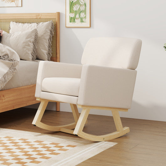 Upholstered Rocking Chair with and Solid Wood Base-Beige