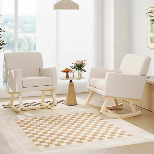 Upholstered Rocking Chair with and Solid Wood Base-Beige