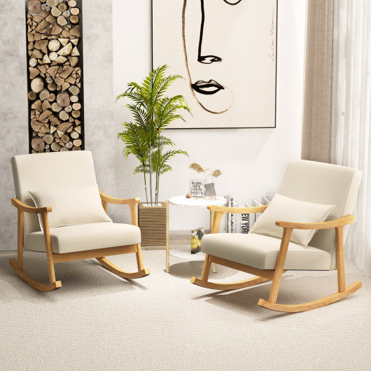Upholstered Rocking Chair with Pillow and Rubber Wood Frame-Beige