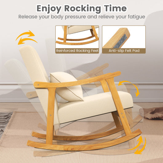 Upholstered Rocking Chair with Pillow and Rubber Wood Frame-Beige