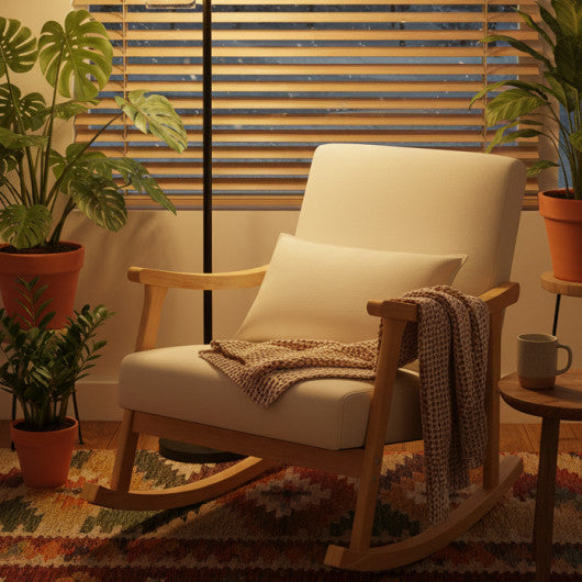 Upholstered Rocking Chair with Pillow and Rubber Wood Frame-Beige