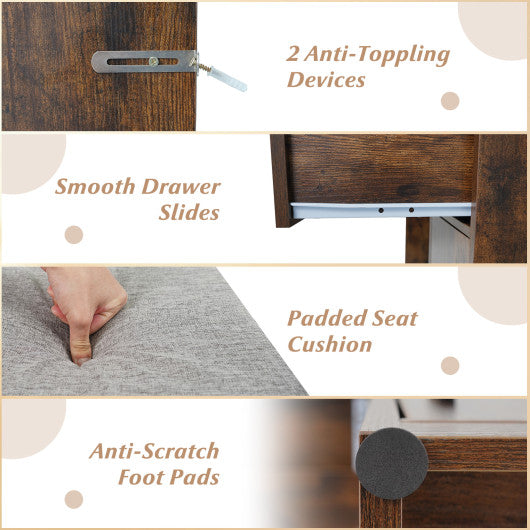 Vanity Desk Makeup Table with Stool 3-Color Lights and Charging Station-Rustic Brown