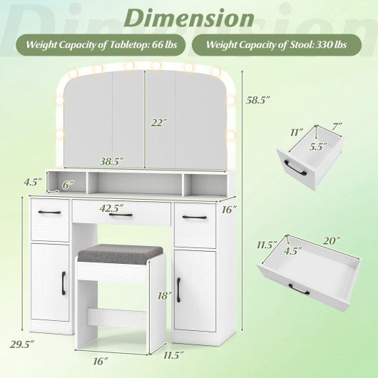 Vanity Desk Makeup Table with Stool 3-Color Lights and Charging Station-White