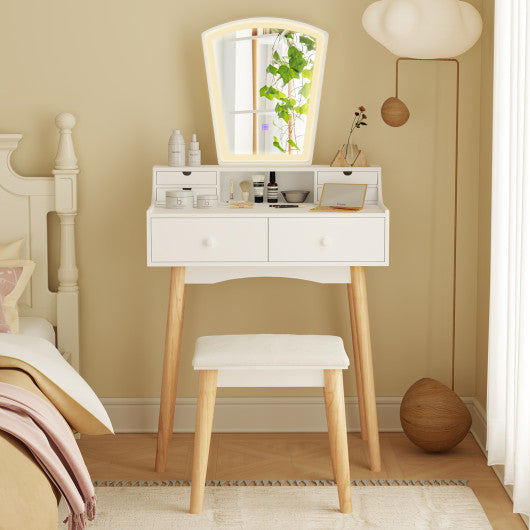 Vanity Desk Set with 3-Color Adjustable LED Lighted Mirror and Drawers-White