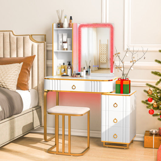 Vanity Table Set with RGB LED Lights and Wireless Charging Station-White
