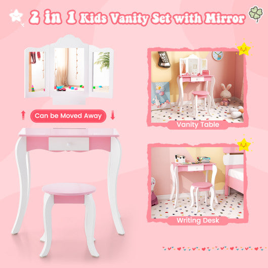 Kid's Wooden Vanity Table and Stool Set with 3-Panel Acrylic Mirror-White