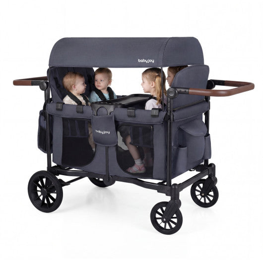 Wagon Stroller for 4 Kids Foldable 4-Seater Push-Pull Toddler Stroller-Gray