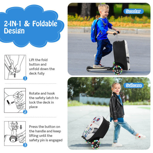Hardshell Ride-on Suitcase Scooter with LED Flashing Wheels-White