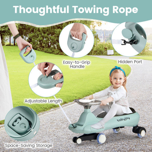 Wiggle Car with Hauling Rope Ride on Toy with Under-Seat Storage-Green