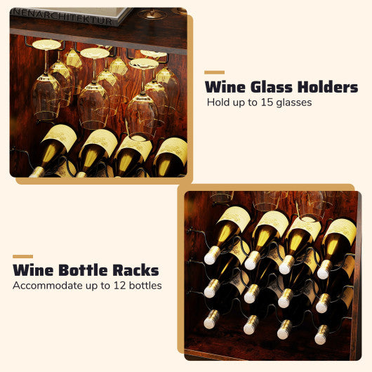 Wine Bar Cabinet with LED Light and Adjustable Shelves-Rustic Brown