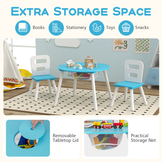Wood Activity Kids Table and Chair Set with Center Mesh Storage-Blue
