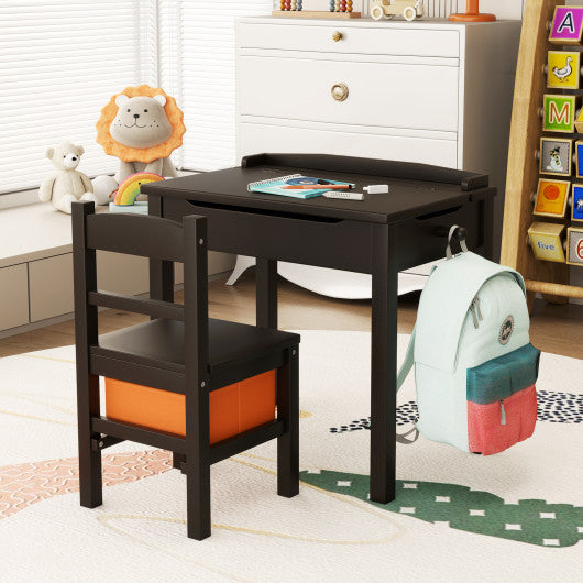 Wood Activity Kids Table and Chair Set with Storage Space-Dark Brown