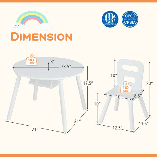 Wood Activity Kids Table and Chair Set with Center Mesh Storage-White