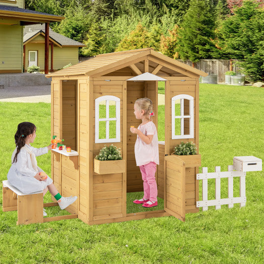 Wood Playhouse with Bench and Serving Stations for 2+ Years Old Kids