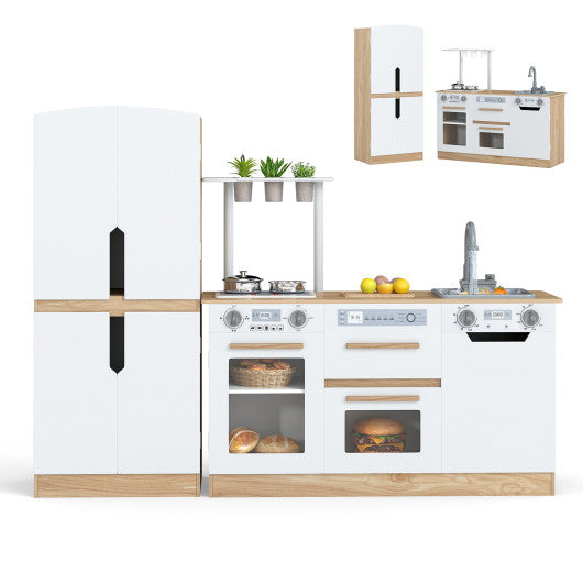 Wooden 2 Piece Kids Kitchen Playset with Fridge and Running Water-Natural