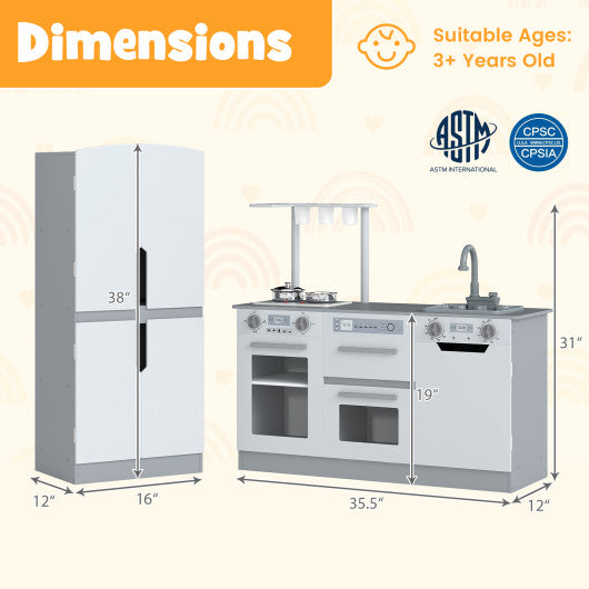 Wooden 2 Piece Kids Kitchen Playset with Fridge and Running Water-Gray