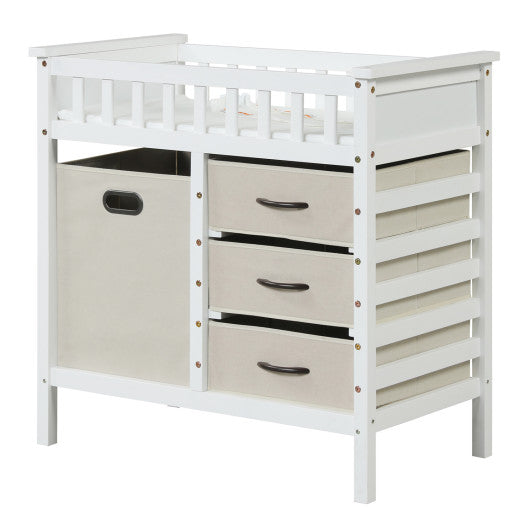 Wooden Baby Changing Table Diaper Changing Station with 3 Fabric Storage Drawers-Beige