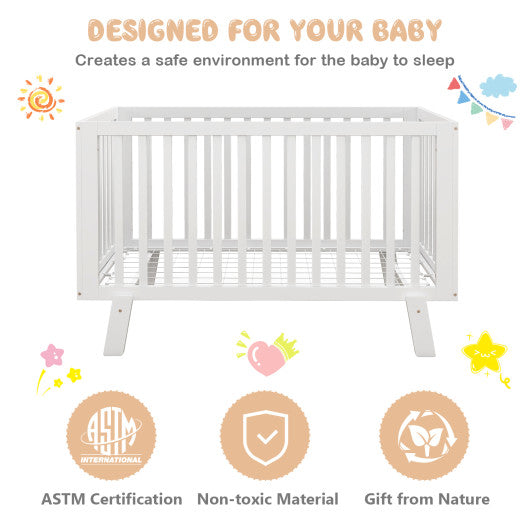Rubber Wood Baby Crib with Adjustable Mattress Heights and Guardrails-White