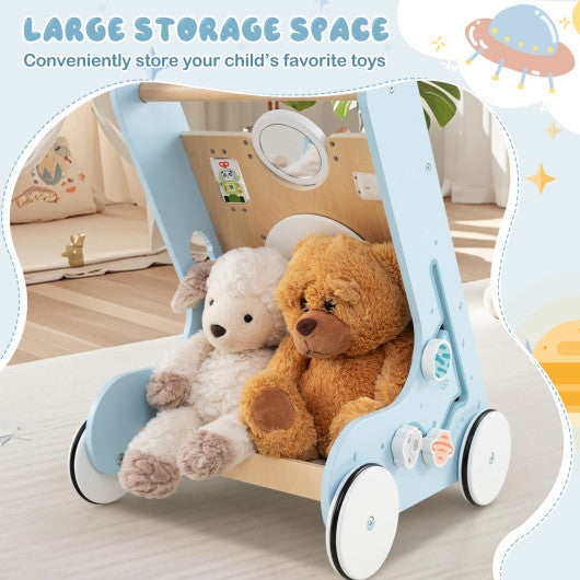 Wooden Baby Walker Push and Pull Learning Activity Center with Wheels for Toddlers 1+ Years Old-Blue