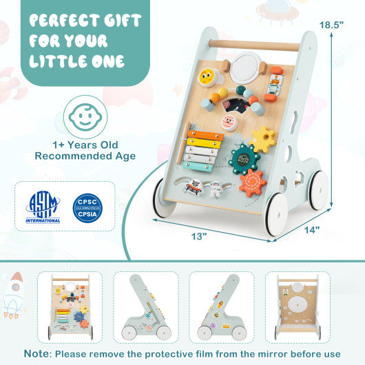 Wooden Baby Walker Push and Pull Learning Activity Center with Wheels for Toddlers 1+ Years Old-Green