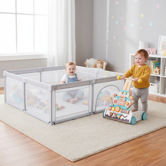 Wooden Baby Walker and Large Infant Playpen Bundle