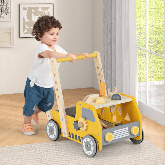 2-in-1 Wooden Baby Walker with Adjustable Speed and Bottom Storage-Yellow