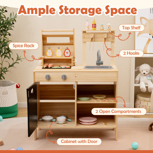 Wooden Barbecue Grill Playset with Chalkboard and Sink and Cabinet-Natural