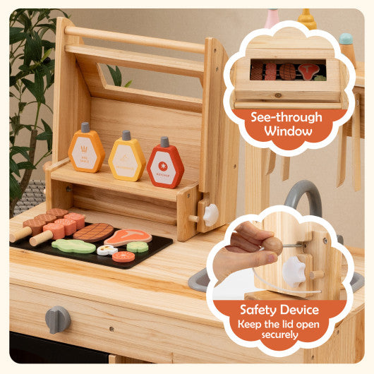 Wooden Barbecue Grill Playset with Chalkboard and Sink and Cabinet-Natural