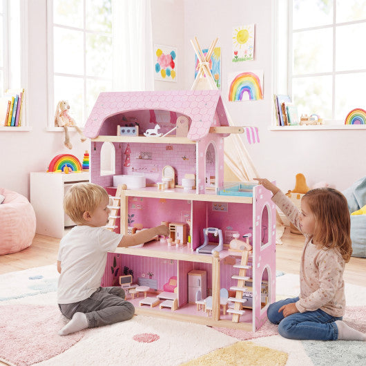 Wooden Dollhouse Kids DIY Pretend Playhouse with 33 PCS Furniture Accessories-Pink