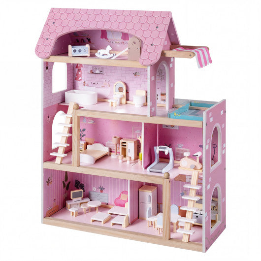 Wooden Dollhouse Kids DIY Pretend Playhouse with 33 PCS Furniture Accessories-Pink
