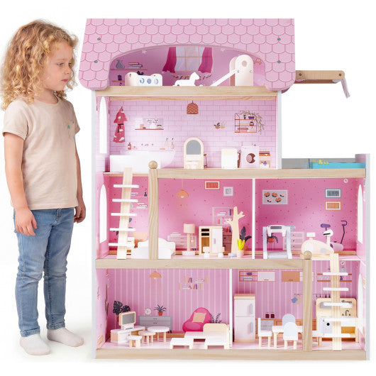 Wooden Dollhouse Kids DIY Pretend Playhouse with 33 PCS Furniture Accessories-Pink