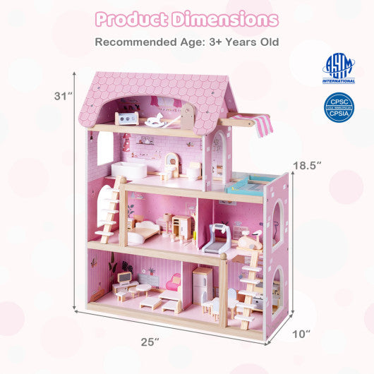 Wooden Dollhouse Kids DIY Pretend Playhouse with 33 PCS Furniture Accessories-Pink