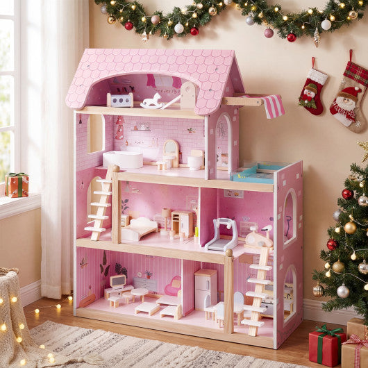 Wooden Dollhouse Kids DIY Pretend Playhouse with 33 PCS Furniture Accessories-Pink