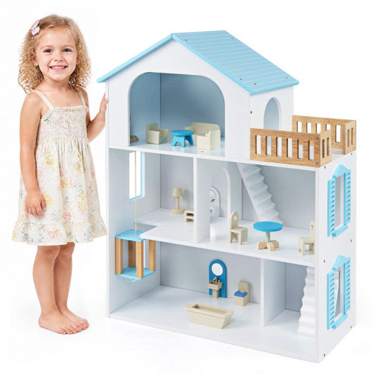 Wooden Dollhouse with 5 Rooms and Furniture Accessories for Kids-Blue