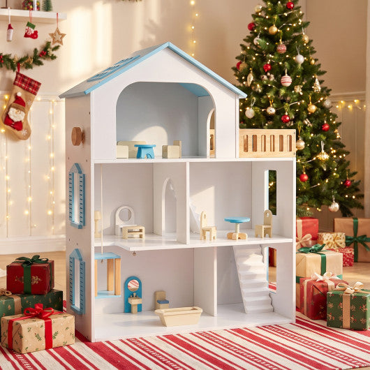 Wooden Dollhouse with 5 Rooms and Furniture Accessories for Kids-Blue