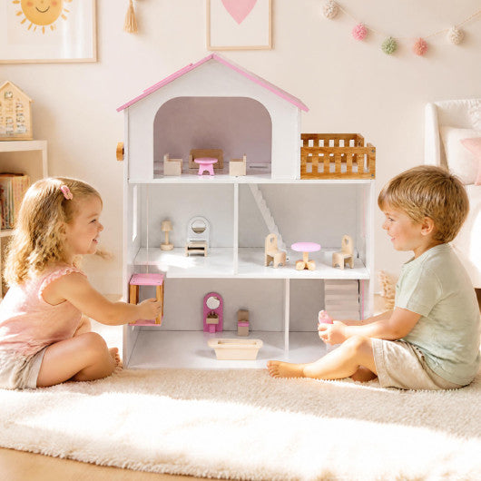 Wooden Dollhouse with 5 Rooms and Furniture Accessories for Kids-Pink