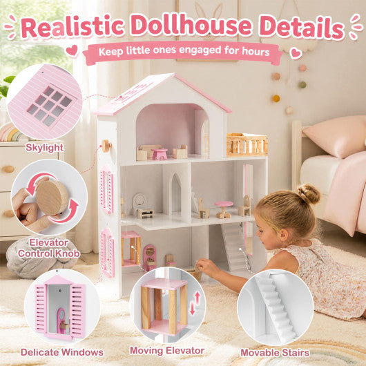 Wooden Dollhouse with 5 Rooms and Furniture Accessories for Kids-Pink