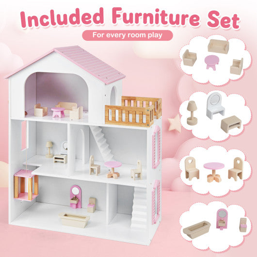 Wooden Dollhouse with 5 Rooms and Furniture Accessories for Kids-Pink