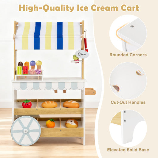 Wooden Ice Cream Cart for Kids 2-in-1 Grocery Store Playset with Display Shelves-White
